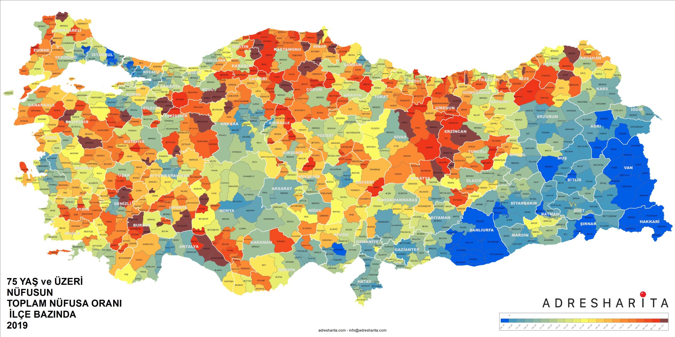 İlçelere göre 75 yaş ve üzeri nüfus oranı tematik haritası